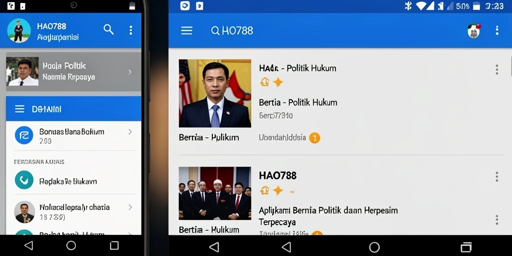 Antarmuka aplikasi HAO788 yang menampilkan berita politik dan hukum.
